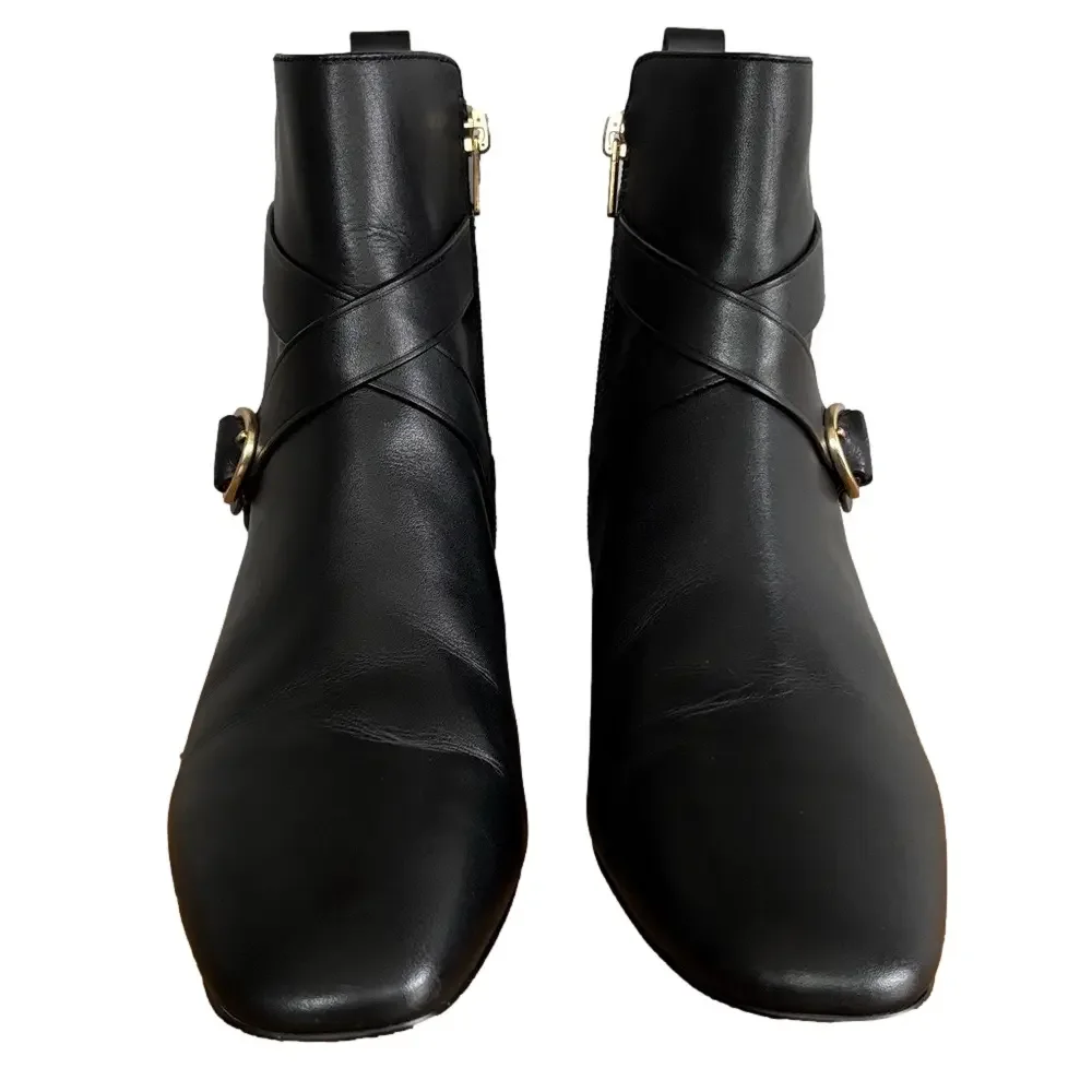 Coach Nadia Black Leather Ankle Boots Horse Carriage Buckle Block Heel 9.5